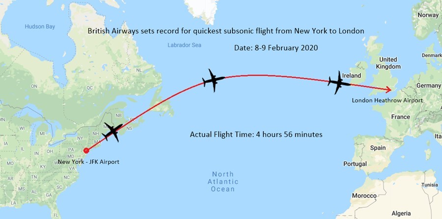 Fastest Subsonic Flight From New York to London by British Airways