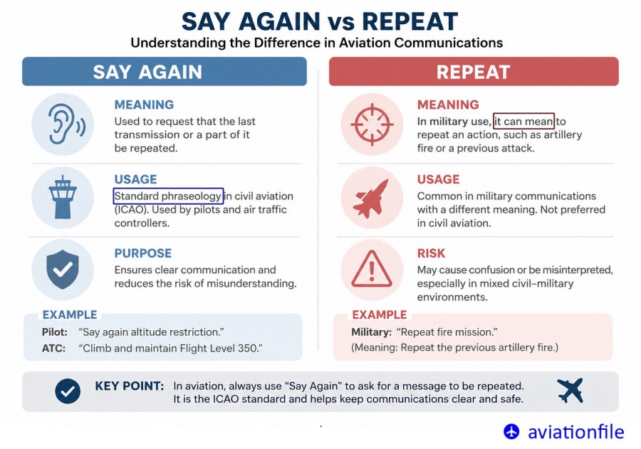 Say again ve repeat, their meaning in aviation.