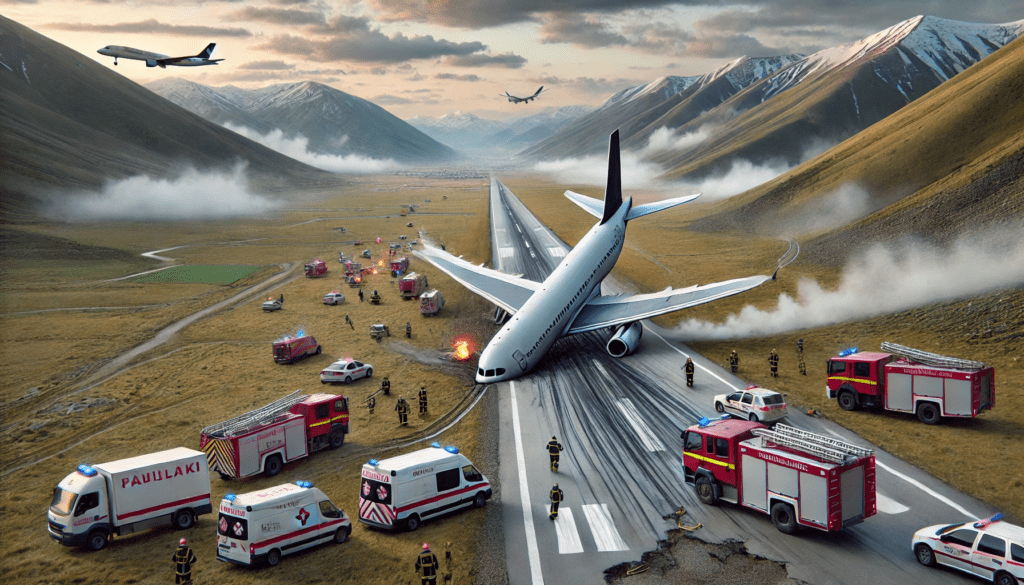 A scene of a passenger jet that has skidded off