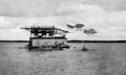 Photograph of first attempt to fly the manned Langley Aerodrome, October 7, 1903. The experiment failed, and the machine and its pilot, Charles Manly, fell into the Potomac River. Manly was unhurt.